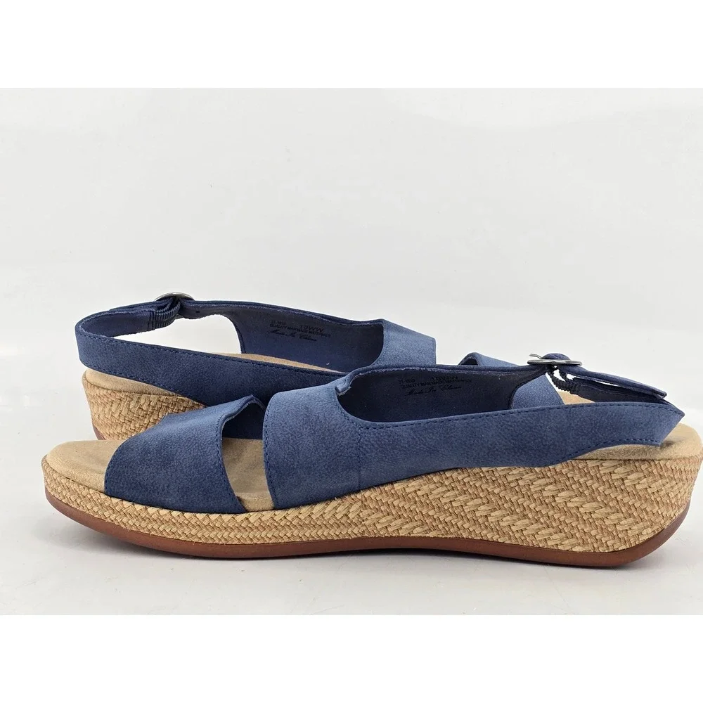 Easy Street Wedge Sandals Womens 10WW Blue Slingback Espadrille -Excellent